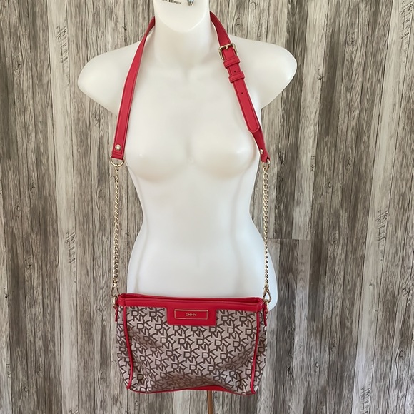 DKNY Red Beige Logo Purse Satchel Crossbody Shoulder Clutch Handbag VERSATILE - Picture 13 of 14